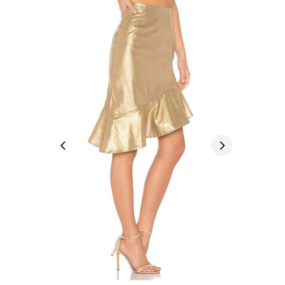 Lovers + Friends Asymmetric Ruffle Gold Skirt Small Aiden Skirt